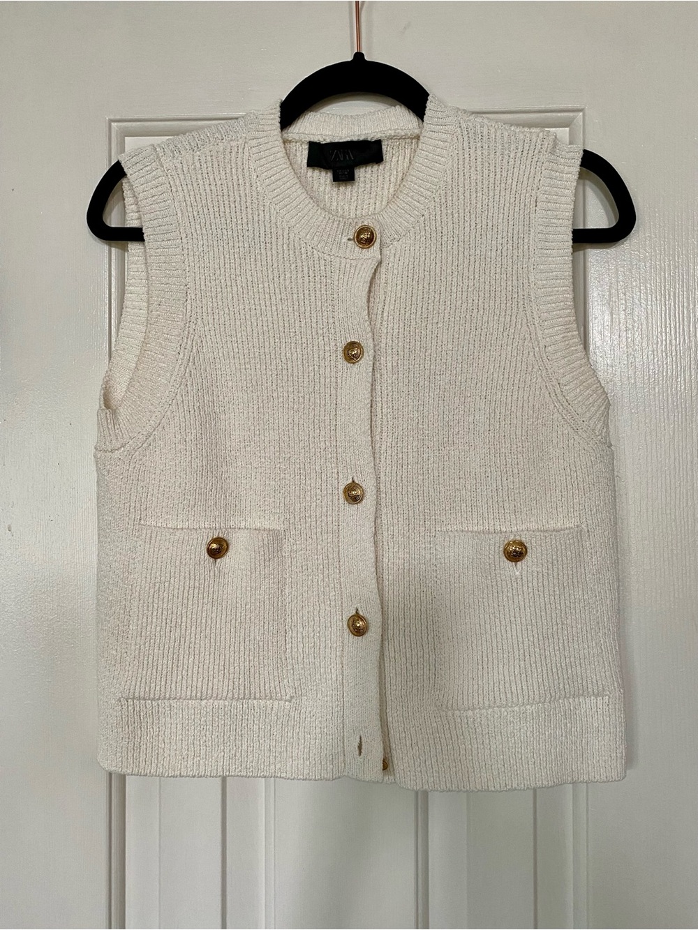 Zara White Ribbed Knit Sleeveless Vest Cardigan Sweater with Gold Buttons
